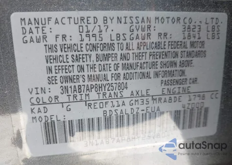 2017 Nissan Sentra S from USA, damaged, VIN 3N1AB7AP8HY257804